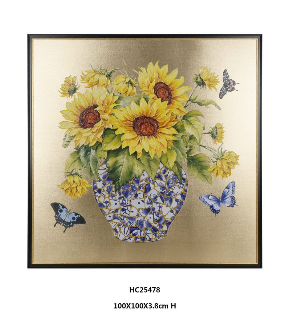 Sunflower and butterfly porcelain wall art with mosaic vase