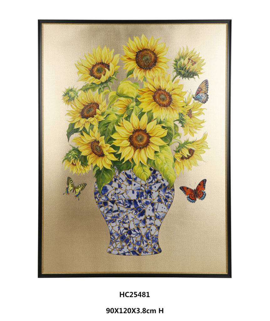 Sunflower porcelain wall art with a blue and white vase