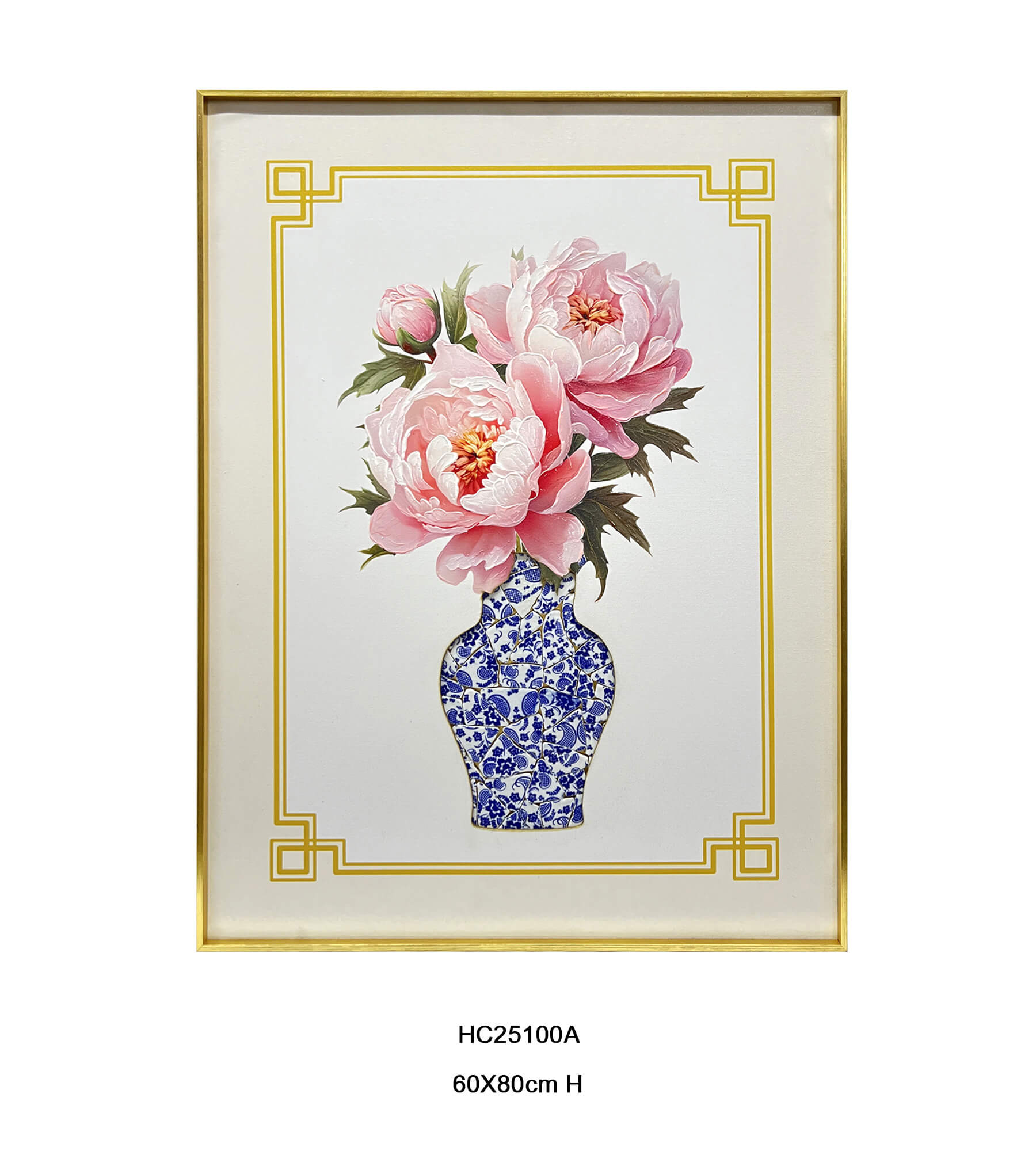 Pink peonies above a tall blue and white porcelain shard vase