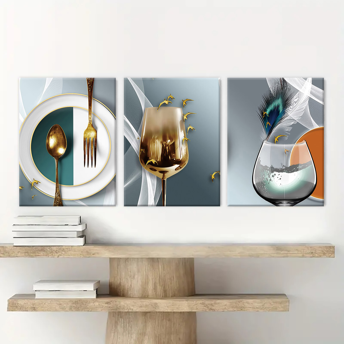 Teal Gold Wine Glass Canvas Wall Art Set Elevates Modern Dining Spaces(30×40cm)