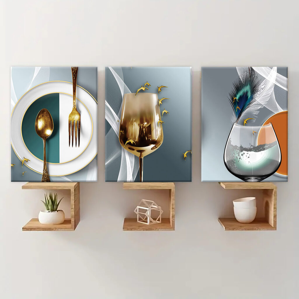 Three piece teal gold wine glass wall art displayed with wooden shelves