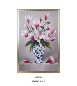 Textured magnolia wall art with blue and white vase