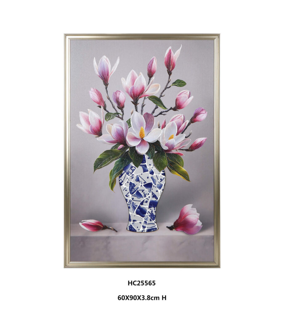 Textured magnolia wall art with blue and white vase