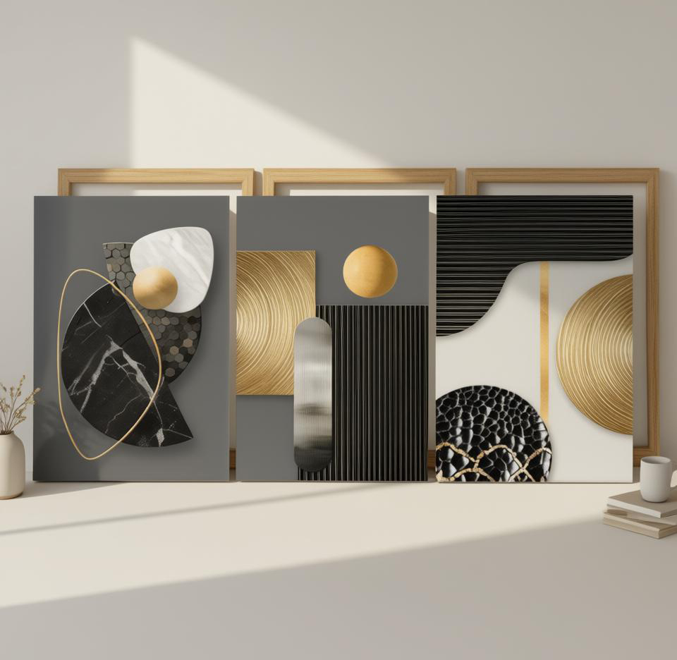 Three panel geometric canvas wall art set in black gold and gray
