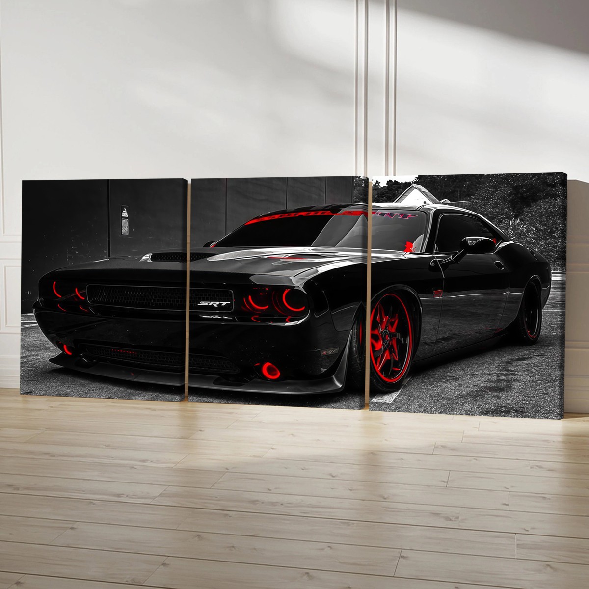 Black Muscle Car Energy Across Three Framed Canvas Panels（30×40cm）