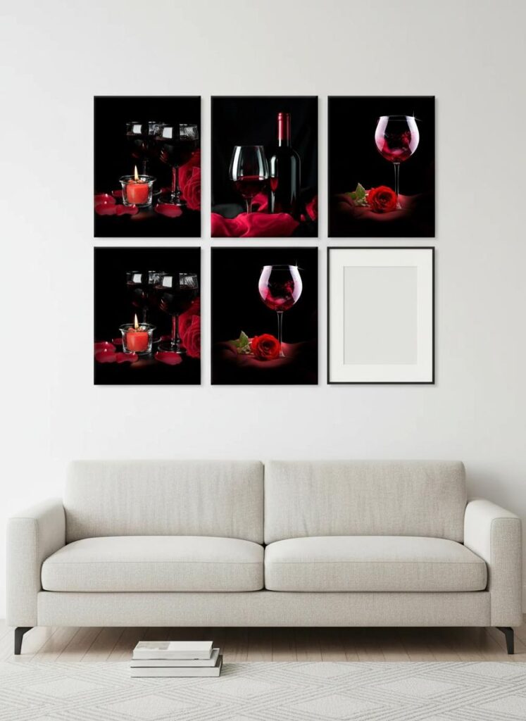 Three panel wine canvas wall art in a bright living room