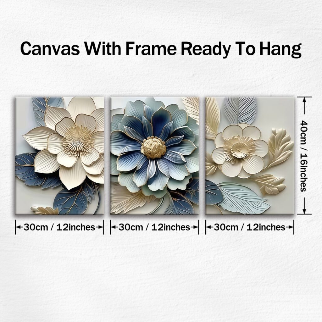 Three piece floral canvas wall art measuring 12 by 16 inches