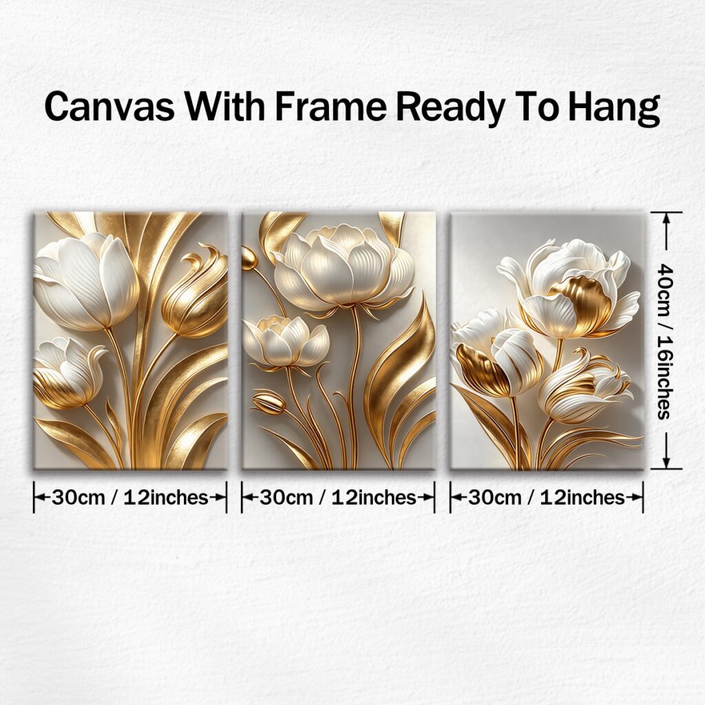 Three gold and white canvas panels measuring 12 by 16 inches each