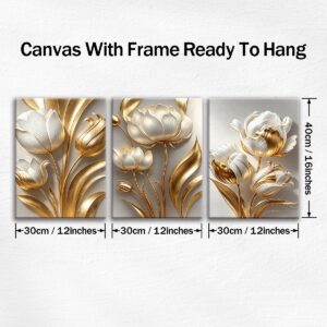 Three gold and white canvas panels measuring 12 by 16 inches each