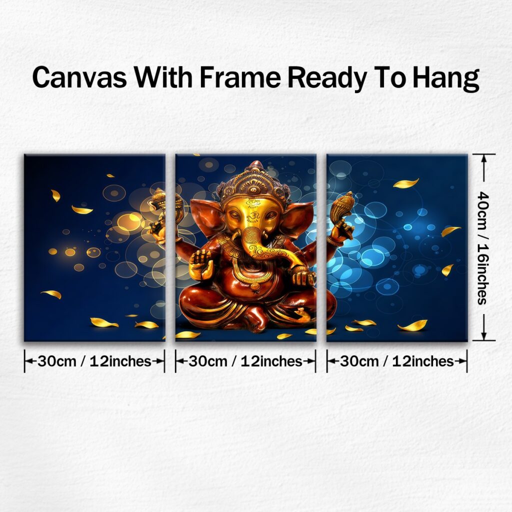Three piece Ganesha canvas wall art with 30 by 40 cm panels