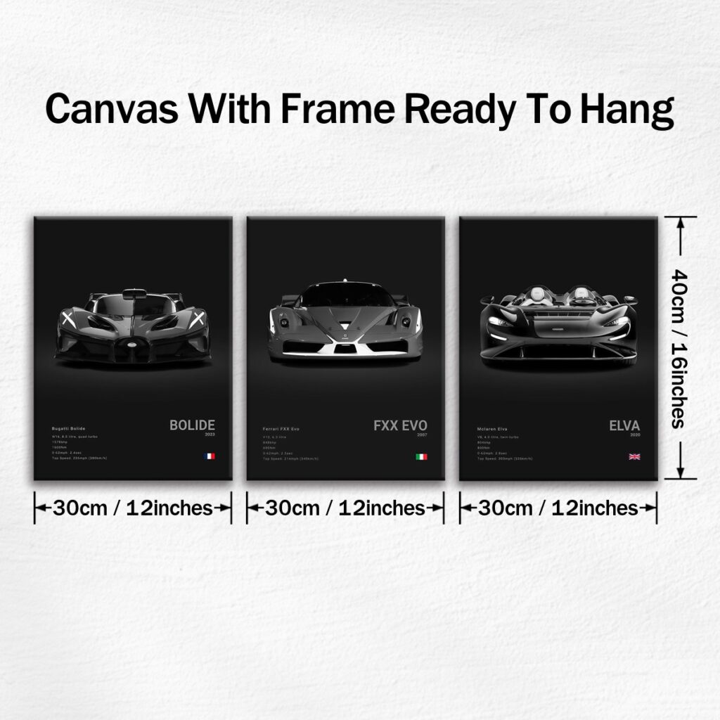 Three piece supercar canvas set in 12 by 16 inch size