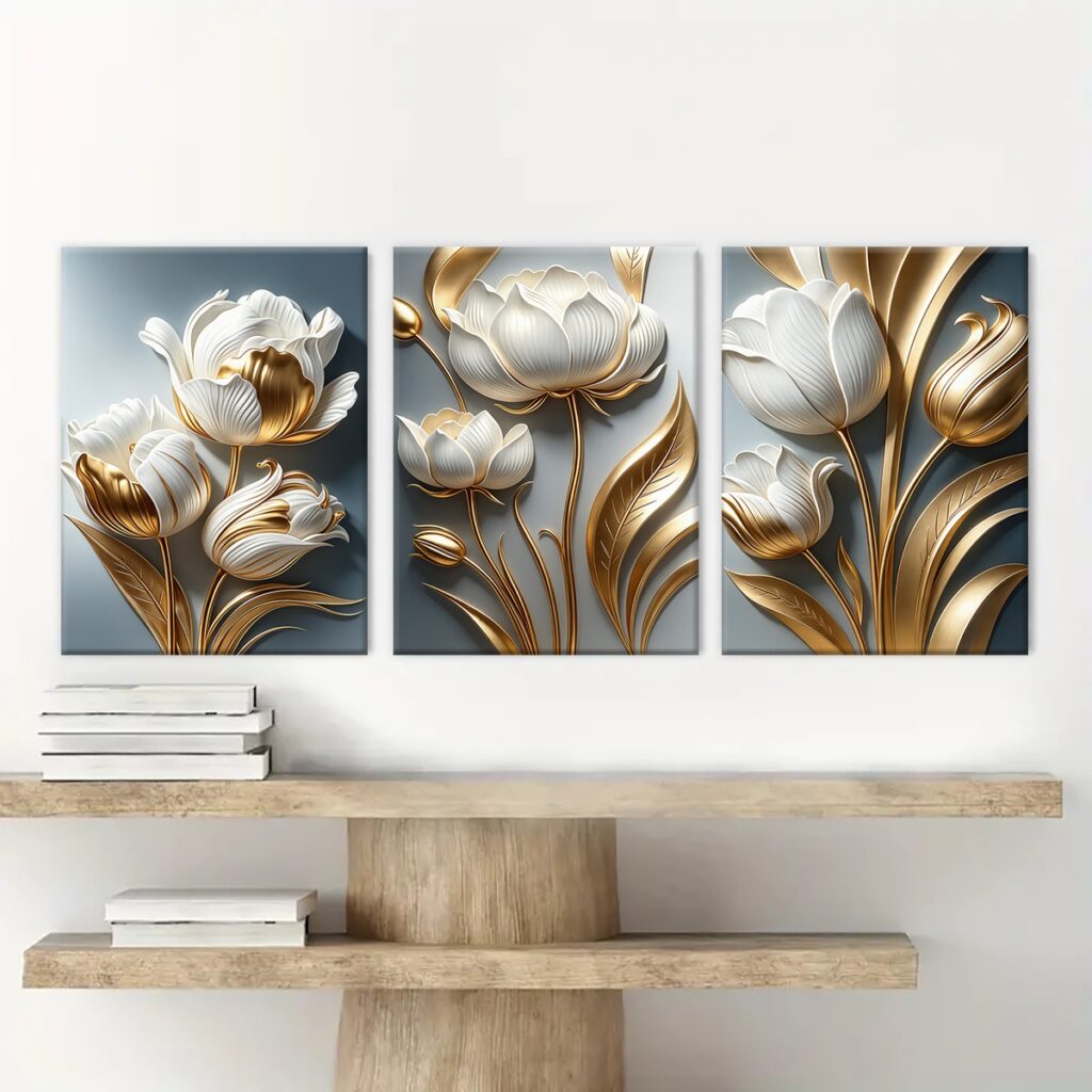 Three piece tulip canvas wall art with gold tone details