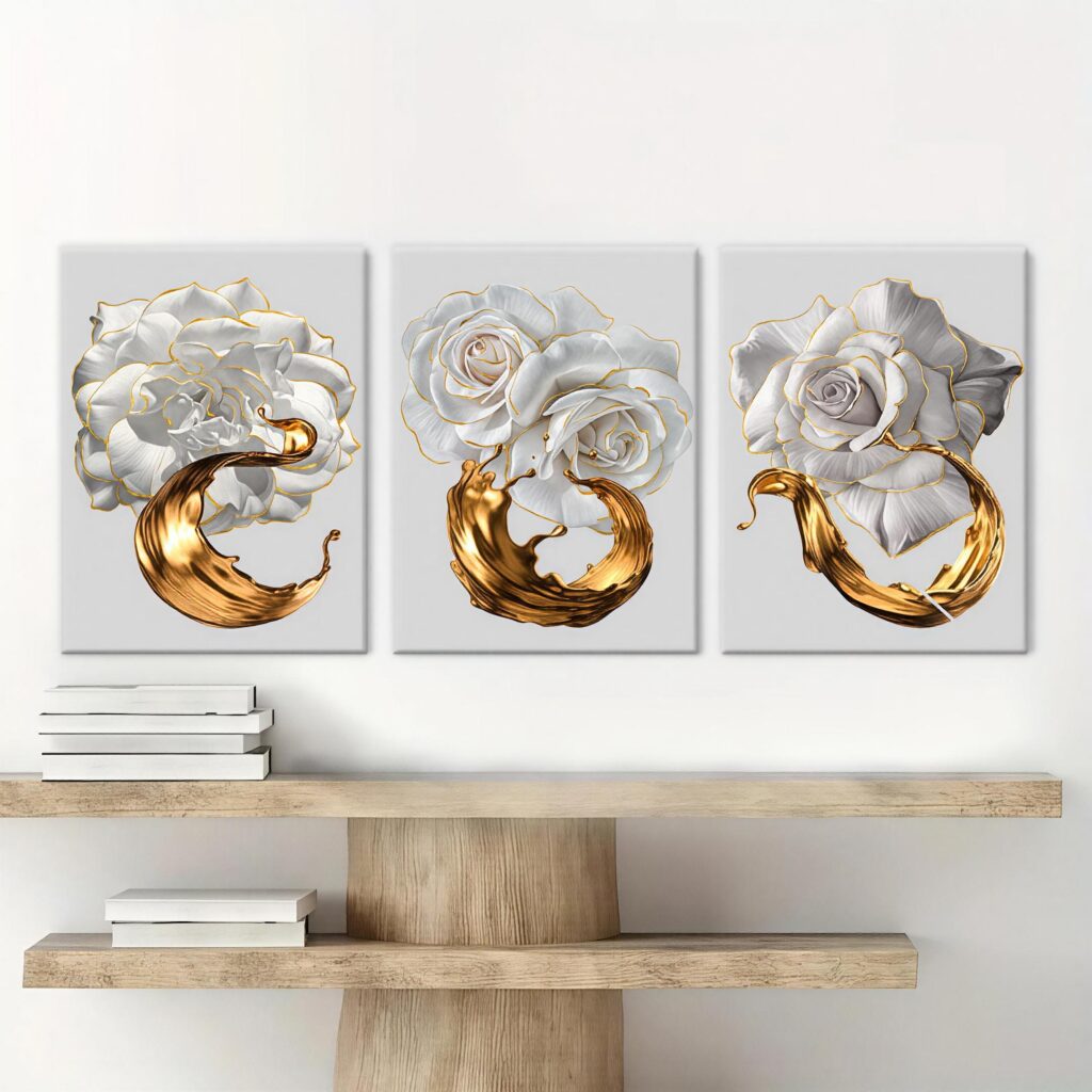 Three piece white rose wall art styled above a light wood console