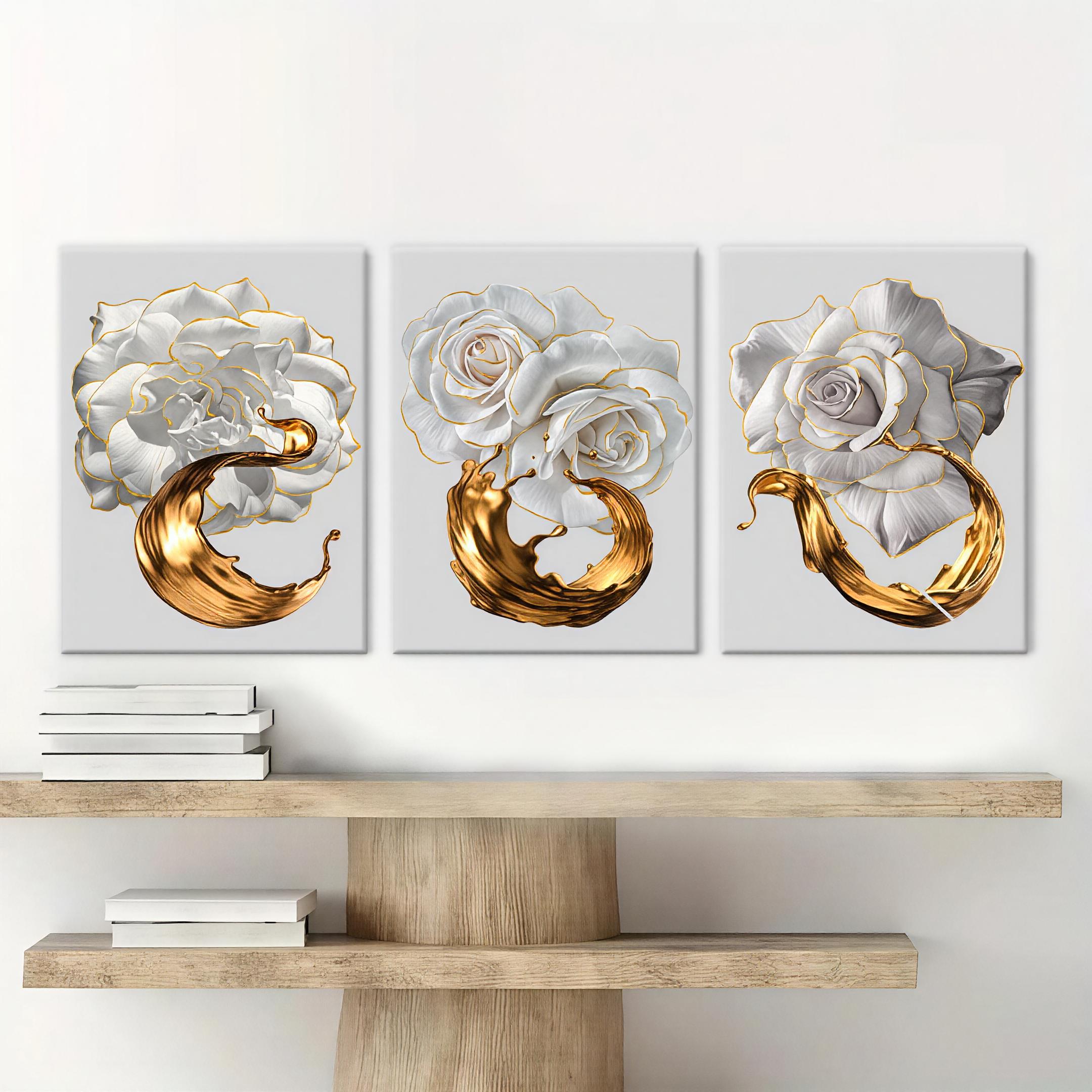 Three piece white rose wall art styled above a light wood console