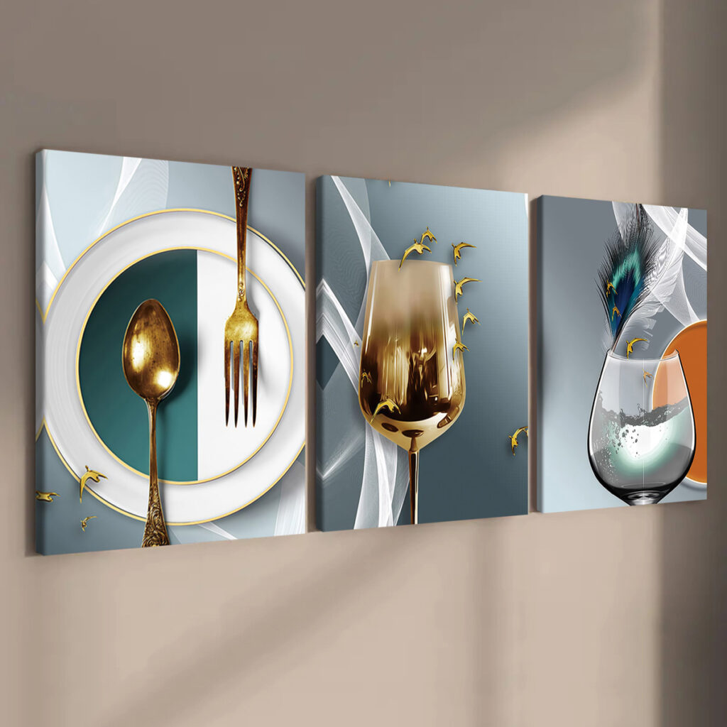 Angled view of teal gold wine glass canvas wall art set