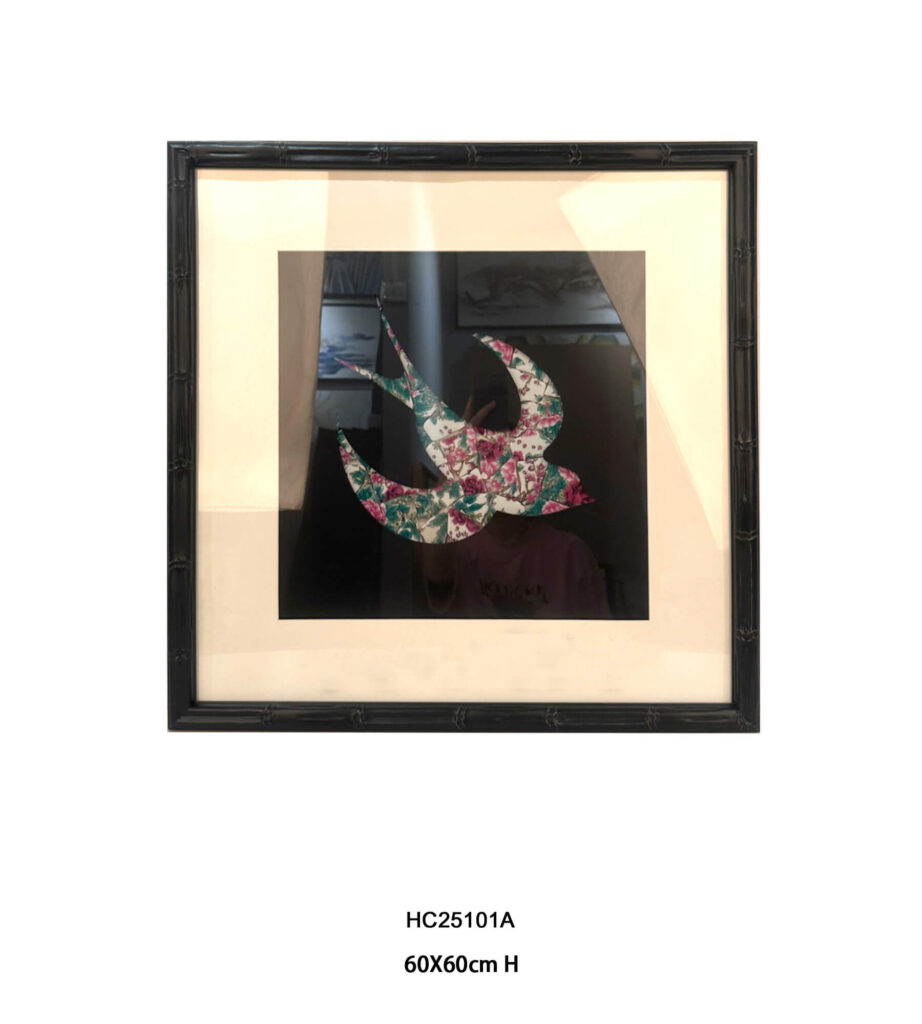 Black framed swallow mosaic porcelain wall art with three floral birds