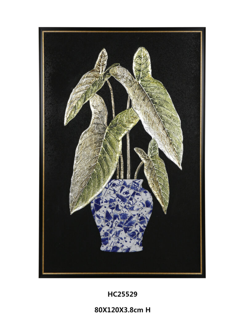 Framed tropical foliage porcelain wall art with elongated leaves