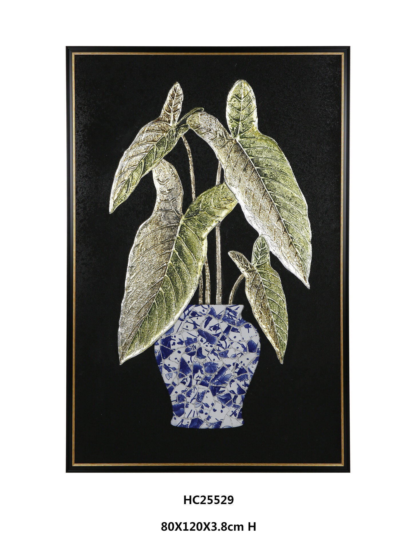Framed tropical foliage porcelain wall art with elongated leaves