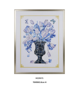 Framed tulip mixed bouquet wall art with porcelain mosaic vase