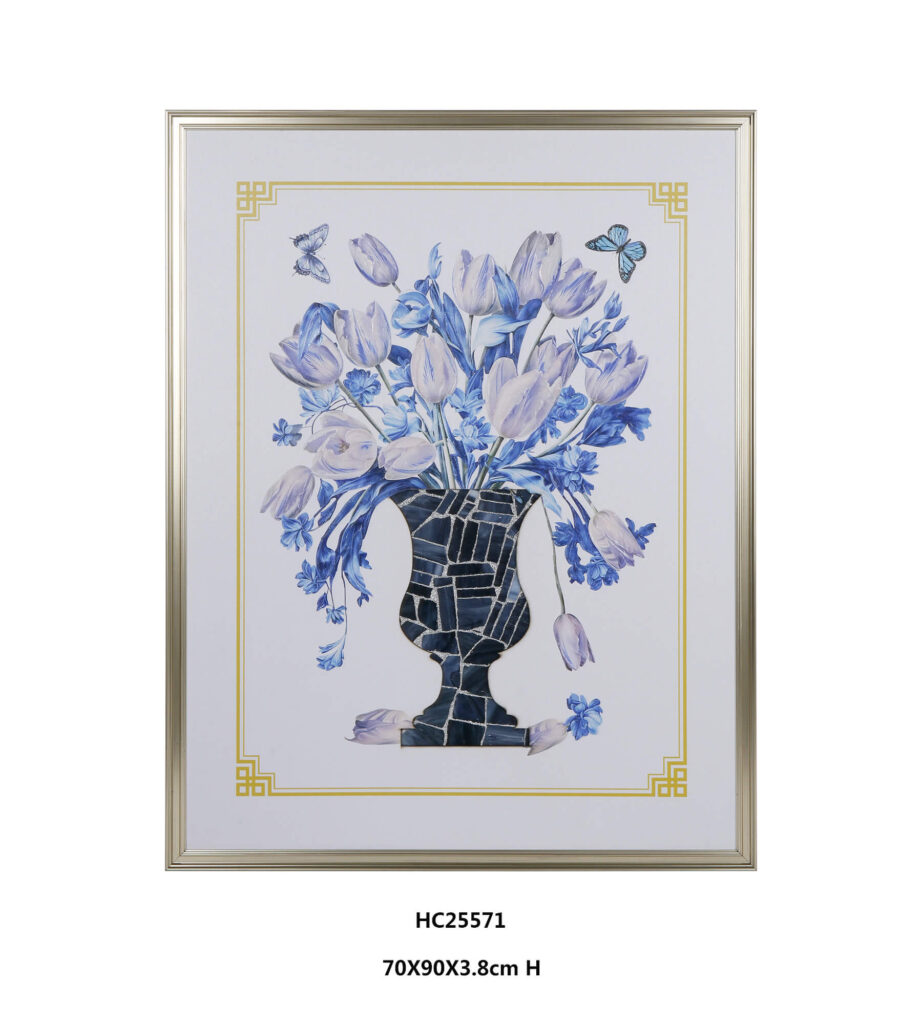 Framed tulip mixed bouquet wall art with porcelain mosaic vase