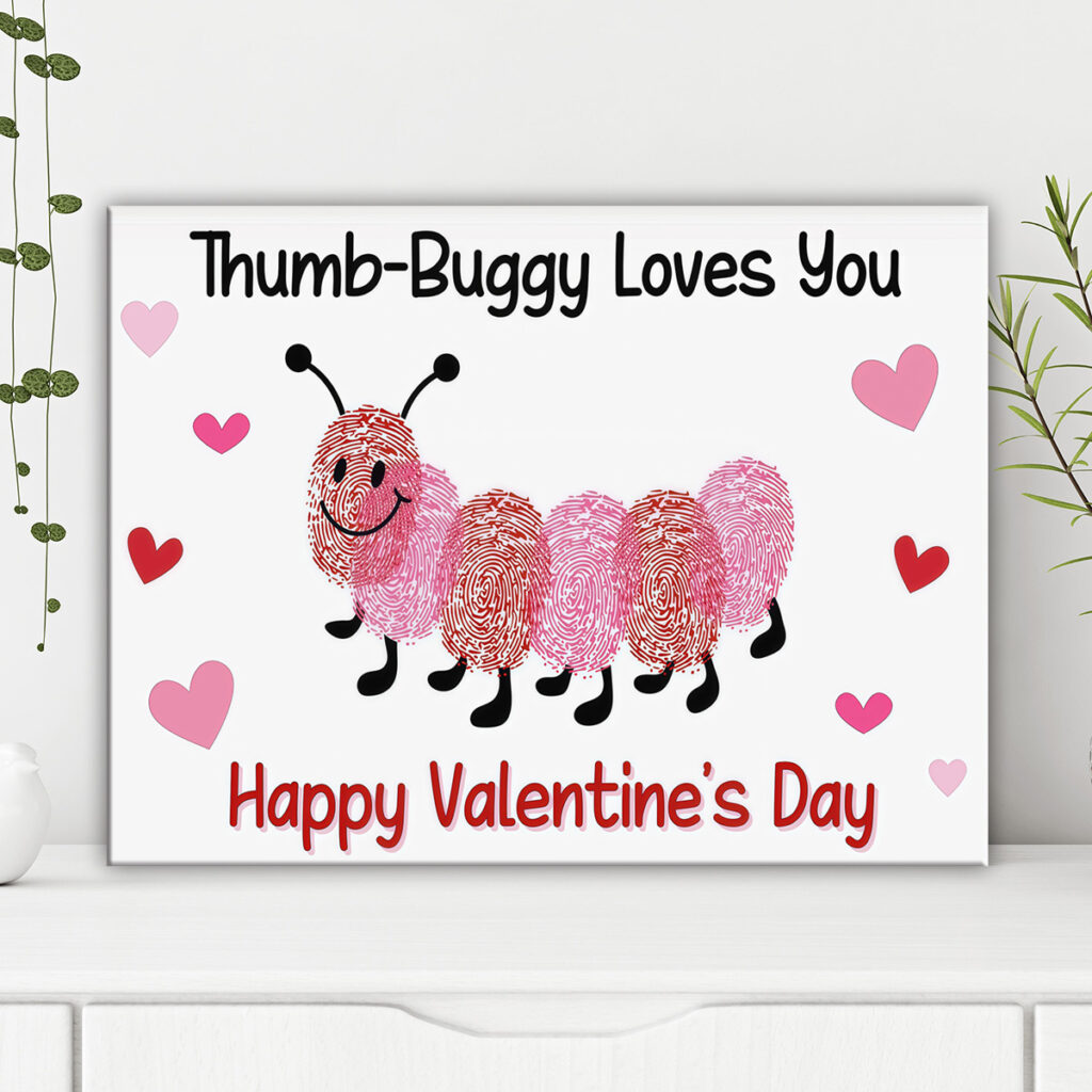 Valentine fingerprint caterpillar canvas wall art with pink hearts