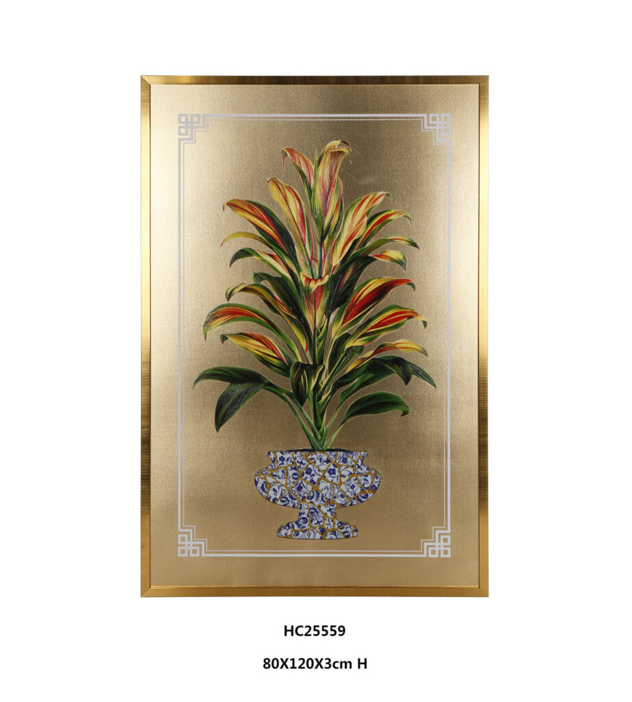 Vibrant tropical foliage porcelain wall art with mosaic vase