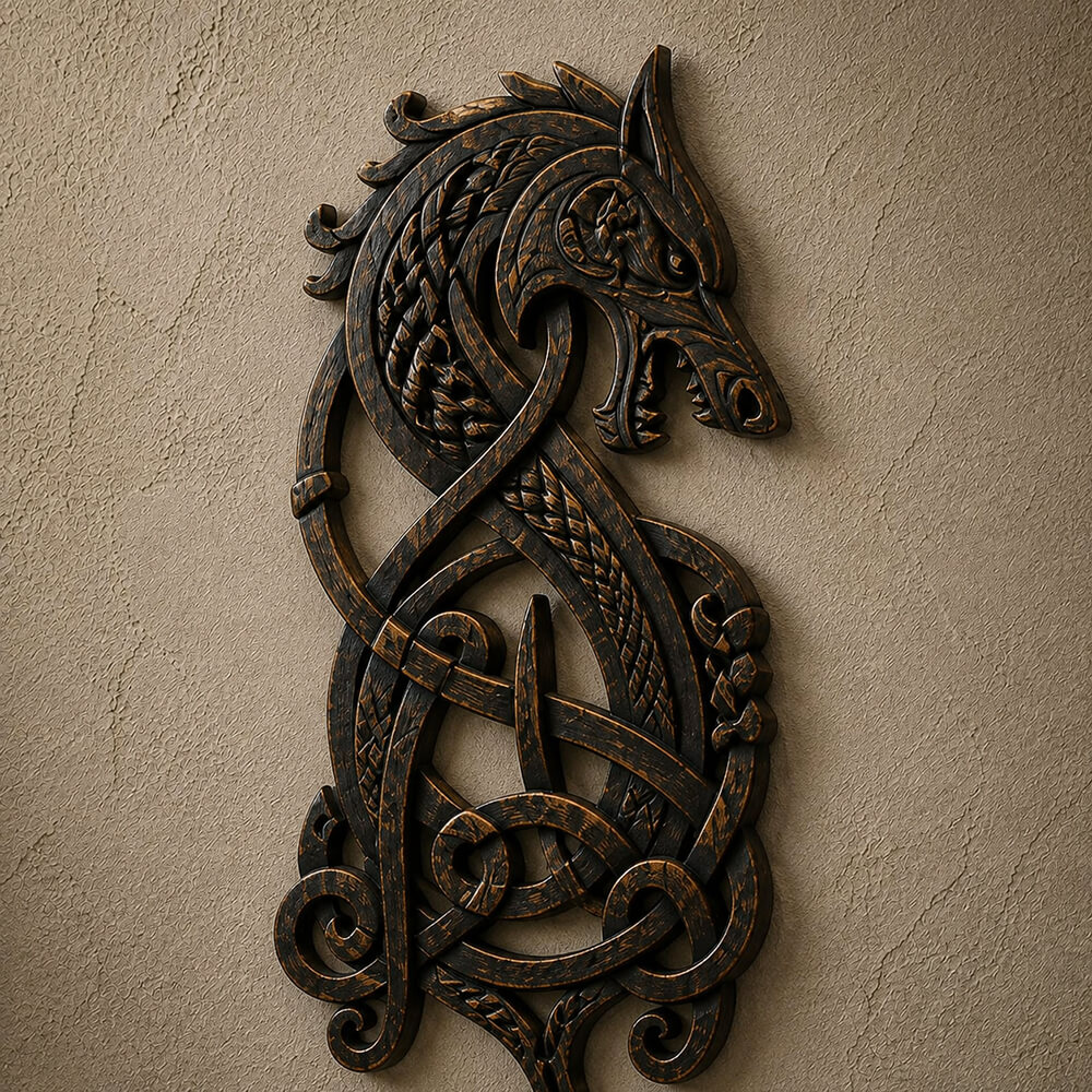 Viking wolf wall decor in a modern neutral interior