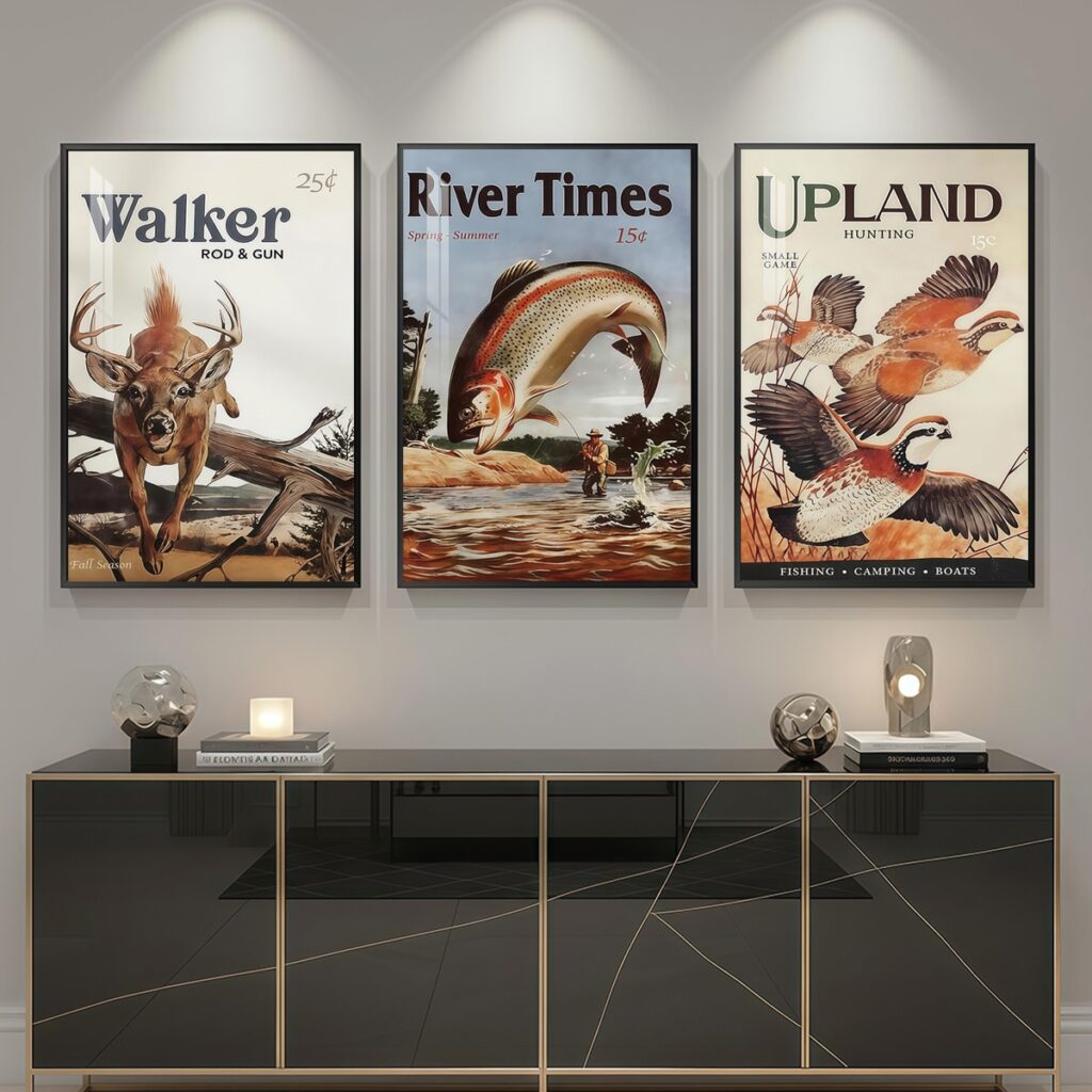 Vintage hunting and fishing canvas wall art set with deer trout and quail