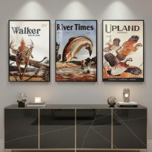 Vintage hunting and fishing canvas wall art set with deer trout and quail
