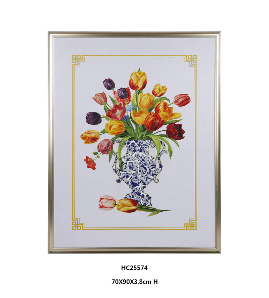 Warm tone tulip porcelain wall art in a slim champagne frame