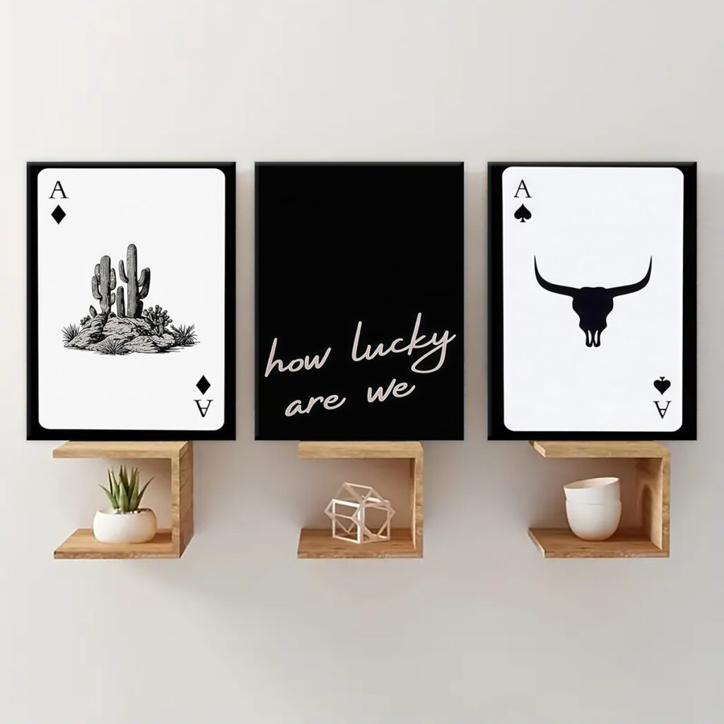 Western Playing Card Canvas Wall Art Set displayed above wooden shelves