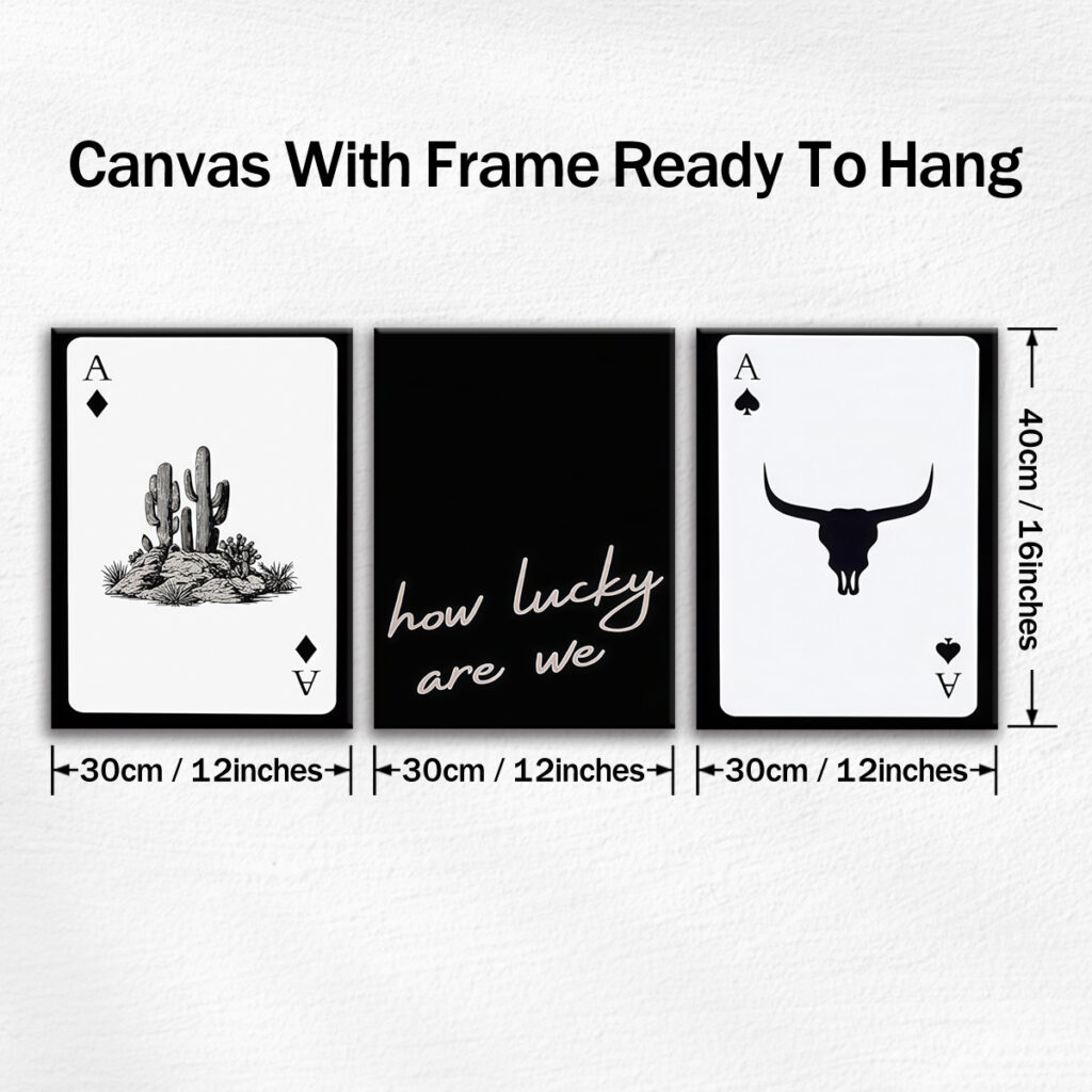 Three framed Western canvas prints measuring 30 by 40 centimeters