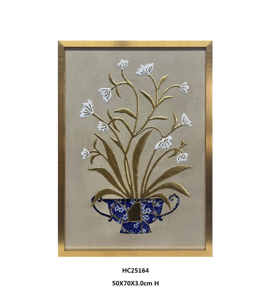 White bell flowers in a blue and white porcelain shard vase