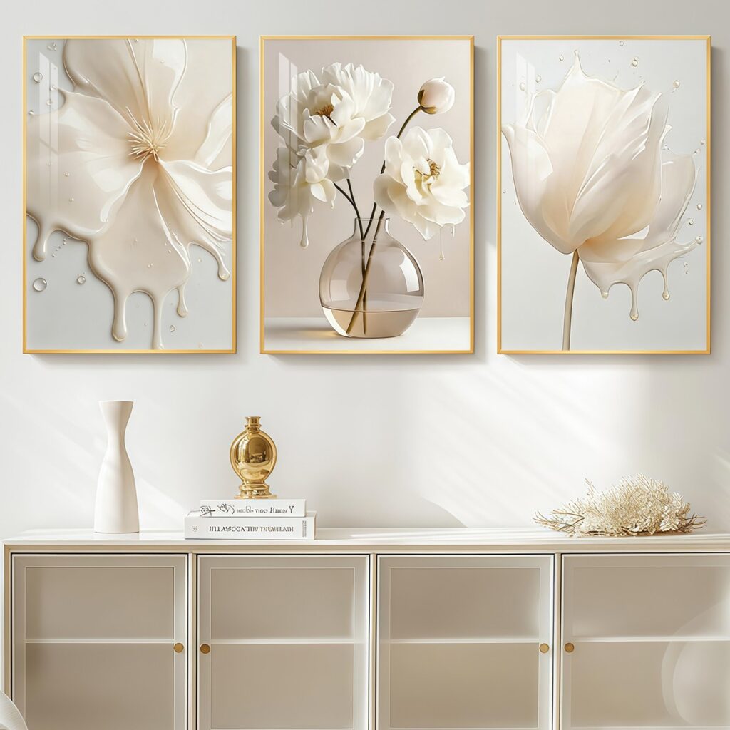White floral canvas wall art set of 3 with gold frames