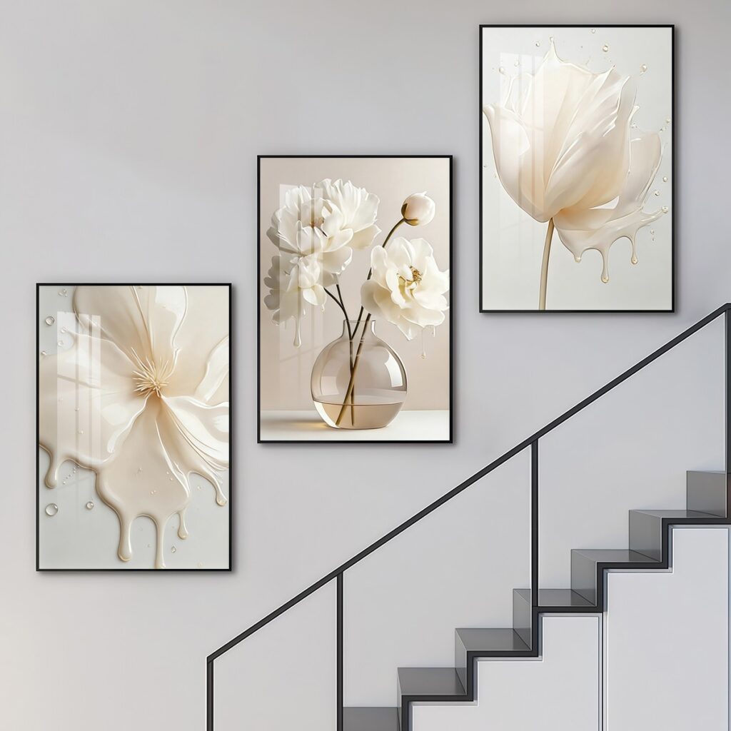 White floral canvas wall art displayed beside a modern stairway