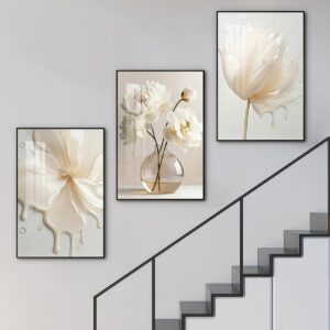 White floral canvas wall art displayed beside a modern stairway