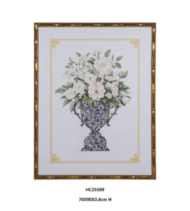 Floral porcelain wall art with white blooms in a blue and white shard vase
