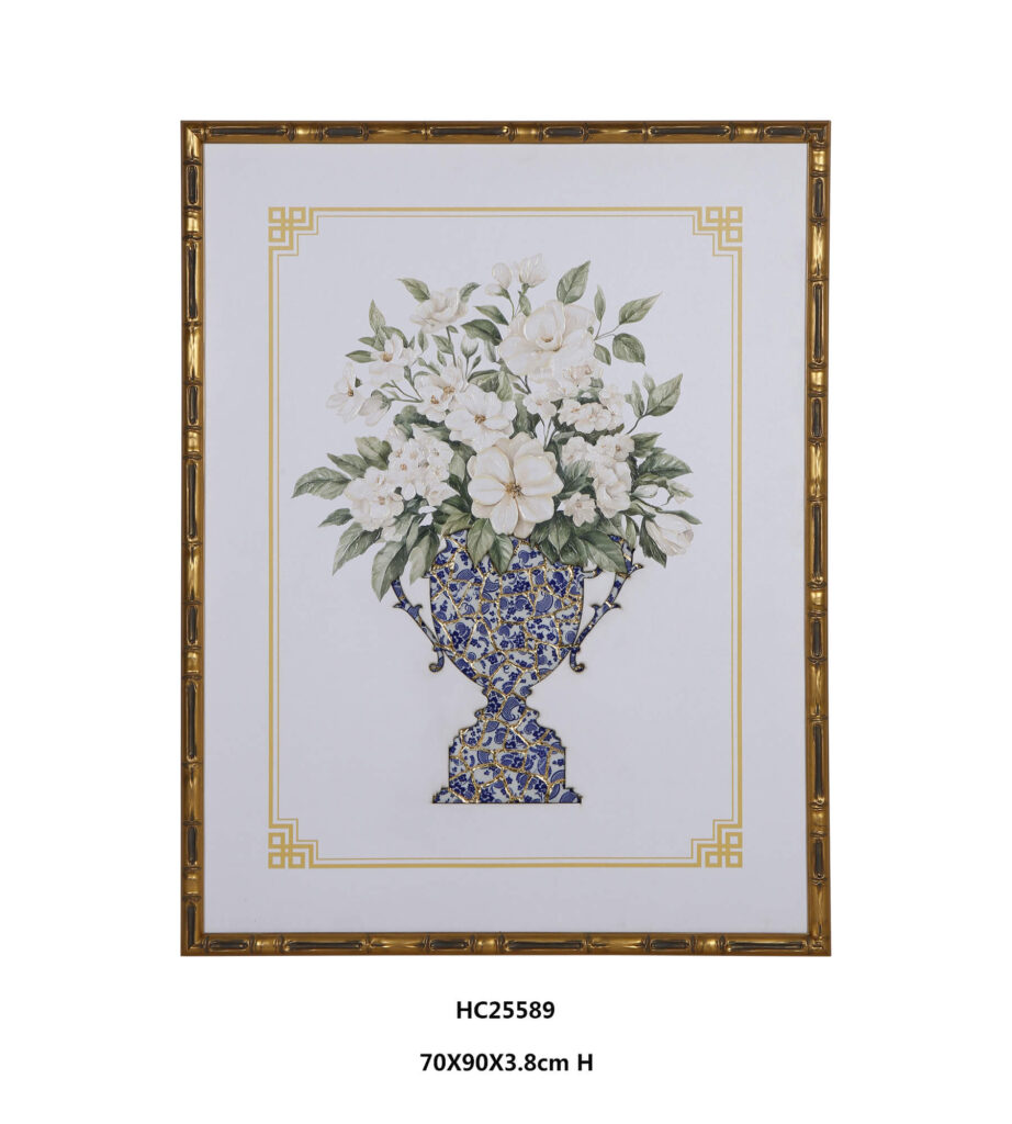 Floral porcelain wall art with white blooms in a blue and white shard vase