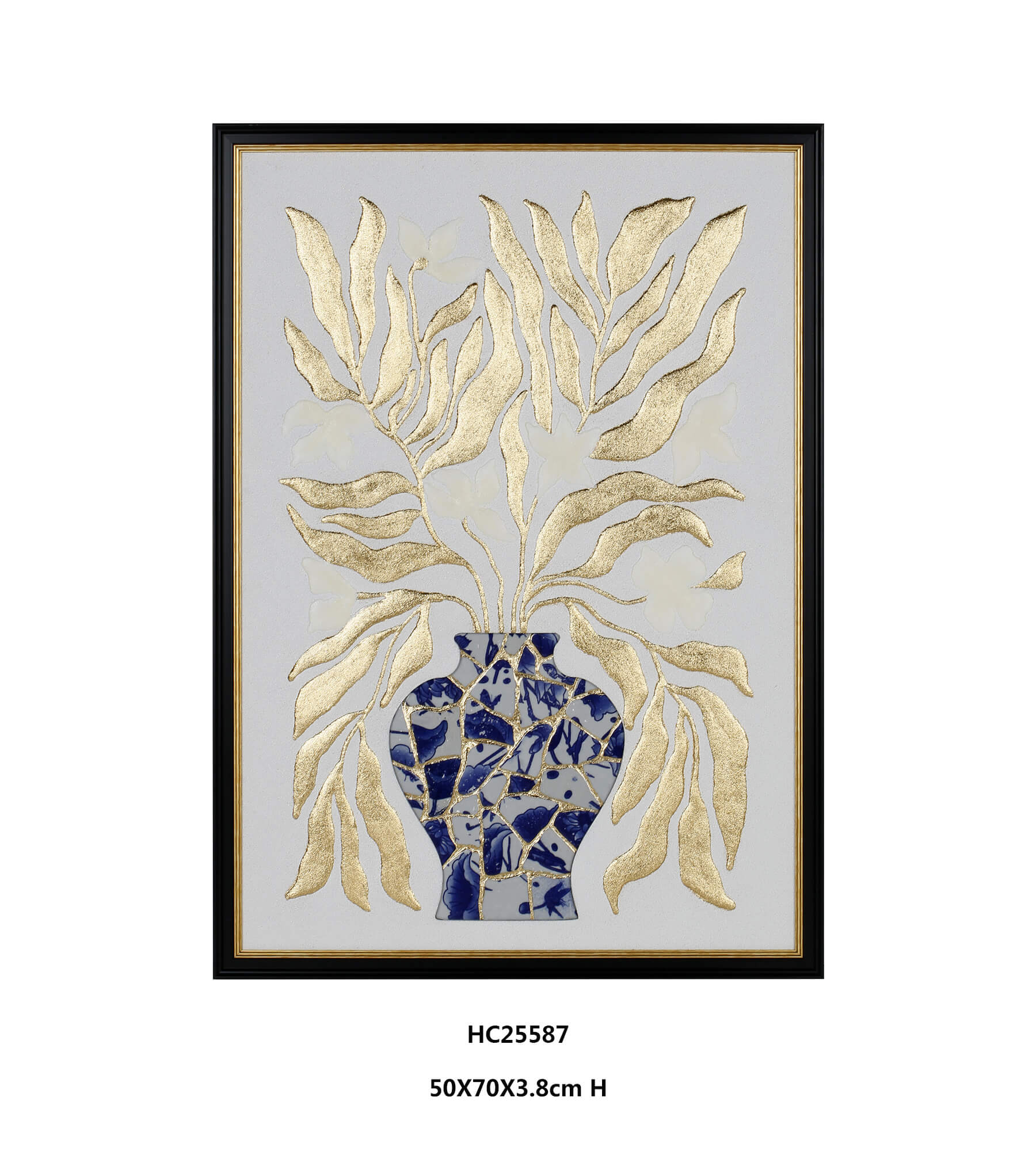 White Floral Porcelain Wall Art with Golden Leaves（50×70×3.8cm）