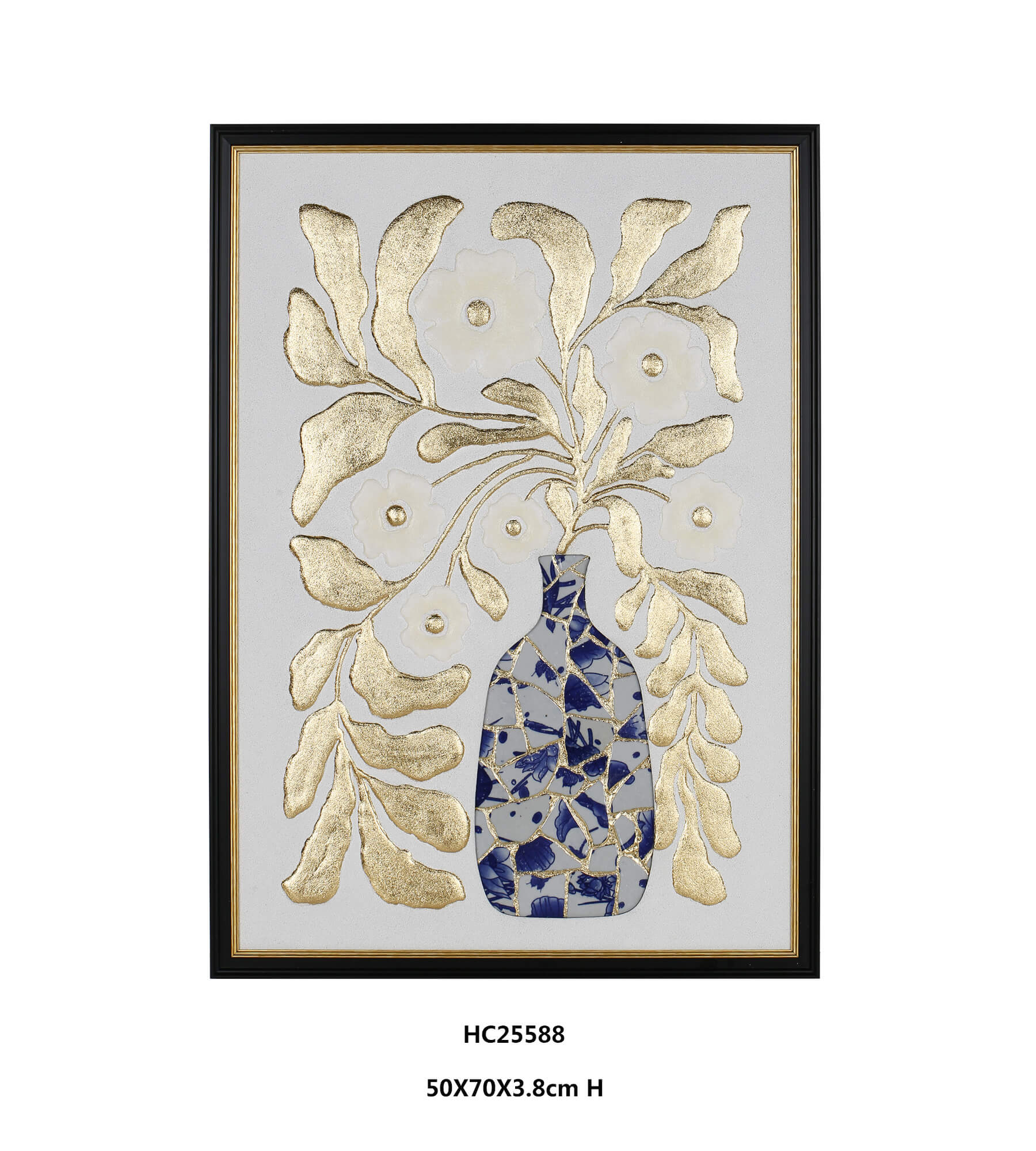 White floral porcelain wall art with blue mosaic vase
