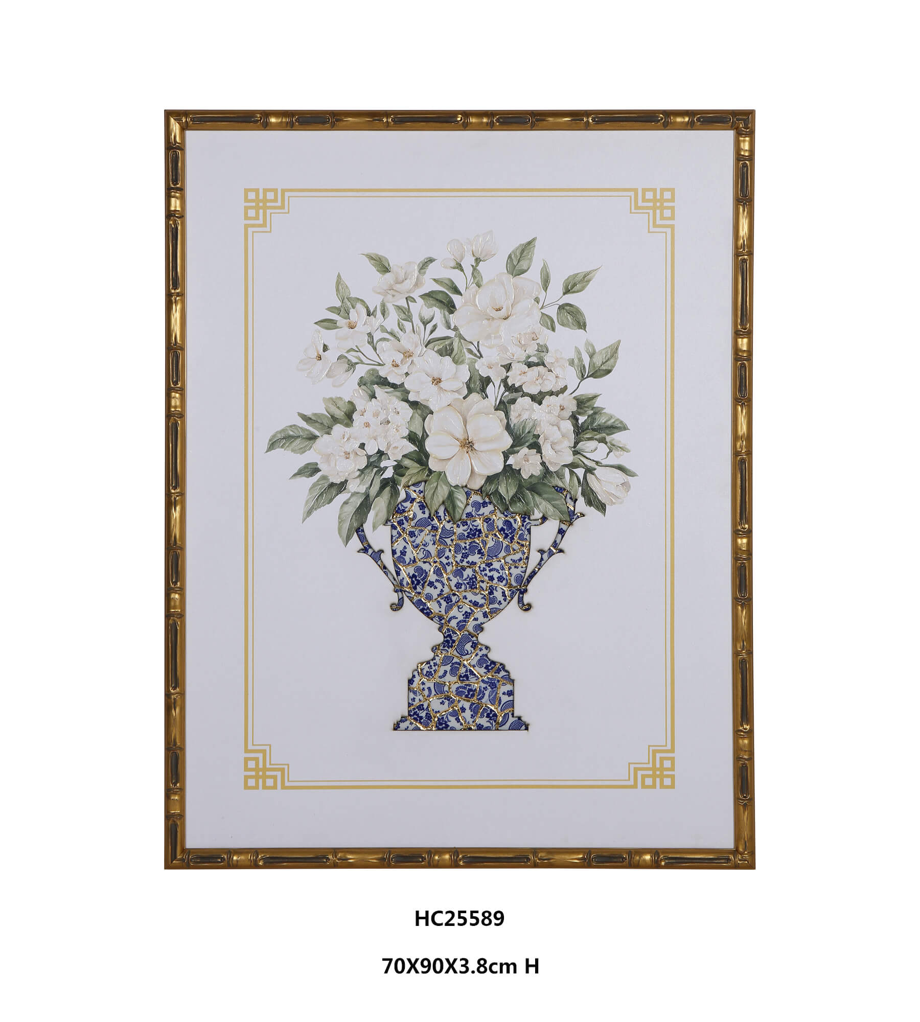 Elegant Floral Porcelain Wall Art with a Blue and White Shard Vase（70×90×3.8cm）