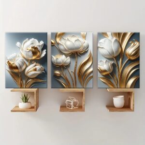 White and gold floral canvas wall art displayed above modern shelves