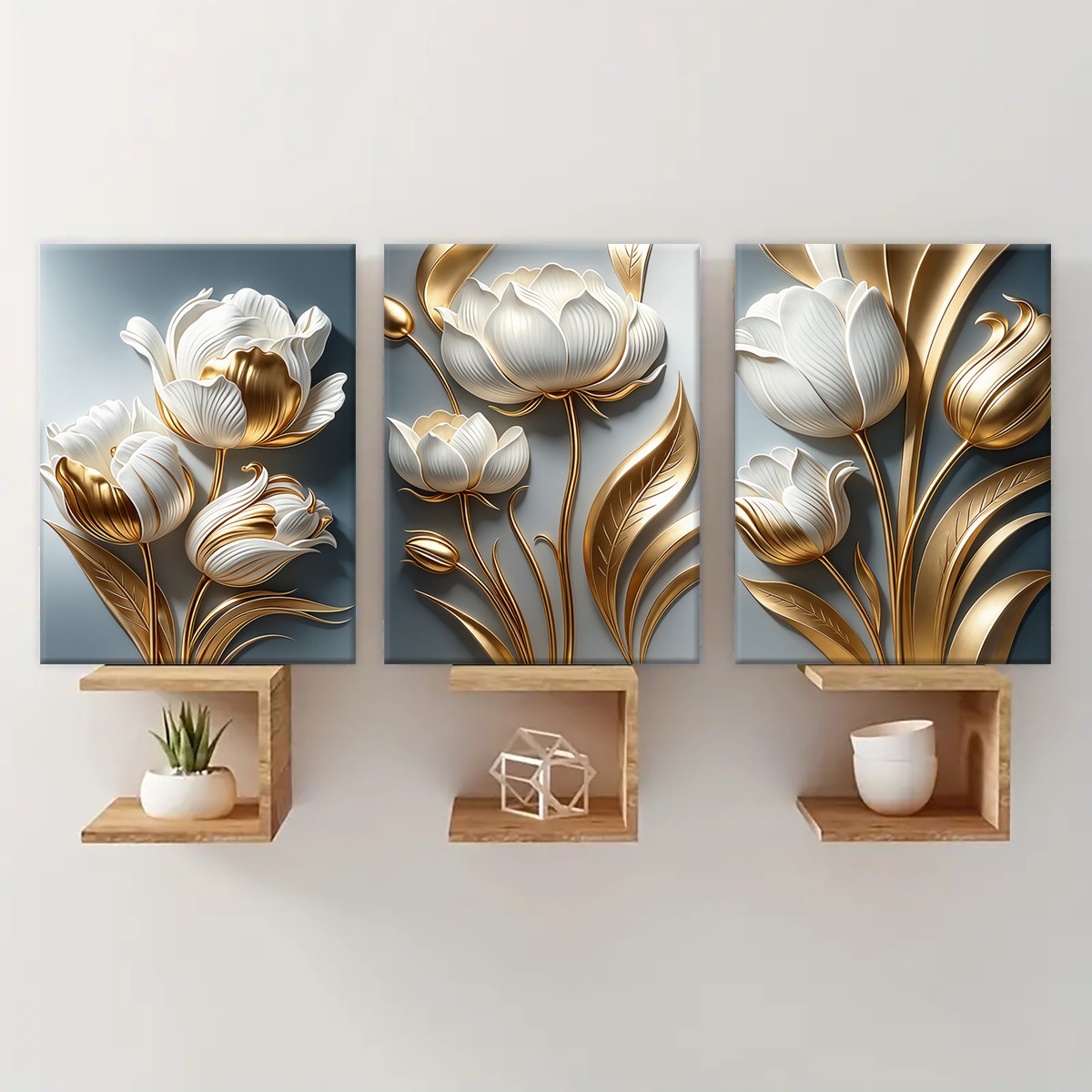 White and Gold Floral Canvas Wall Art with Modern Tulip Elegance(30×40cm)