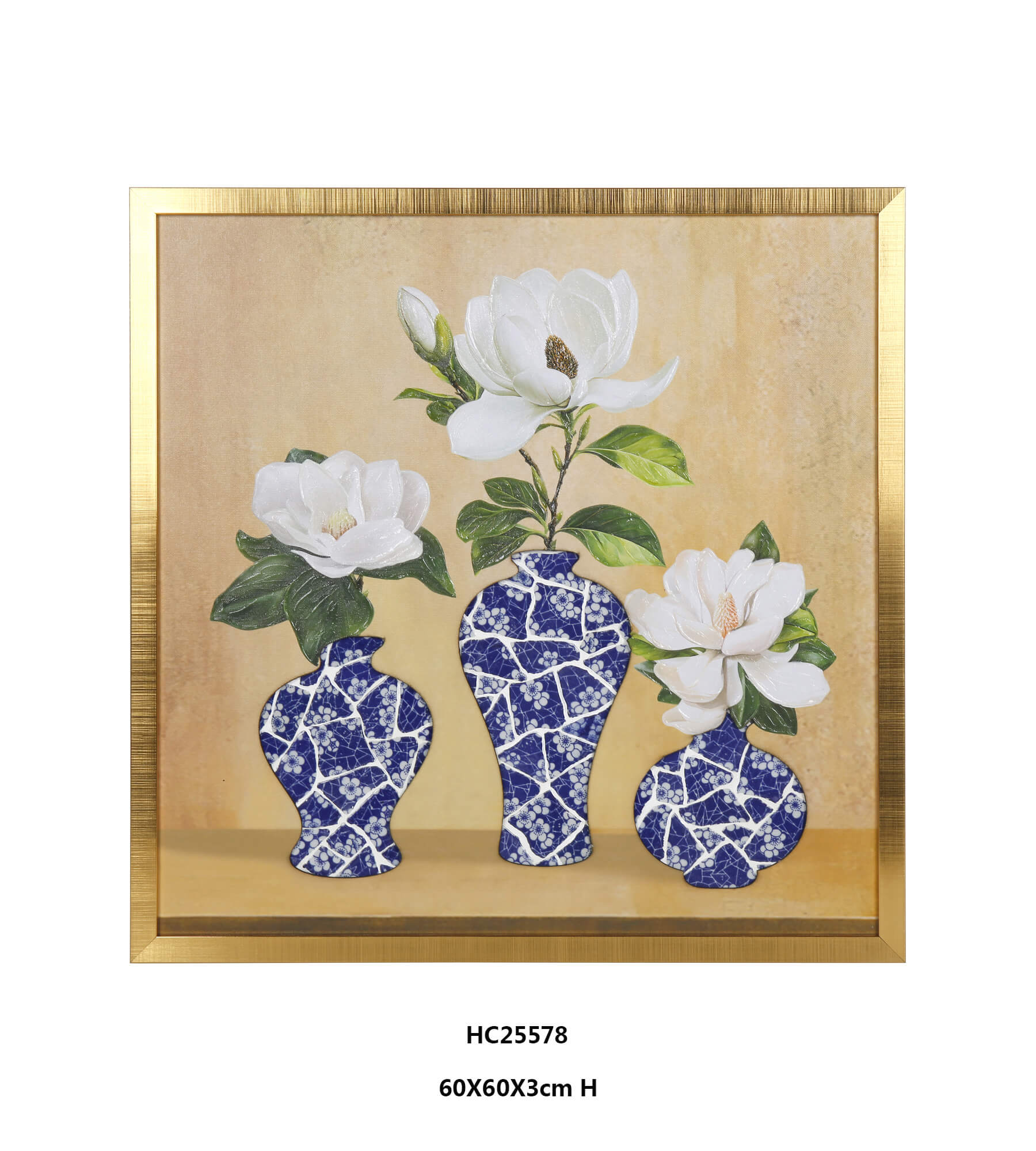Framed Magnolia Porcelain Wall Art with Blue and White Vases（60×60×3cm）