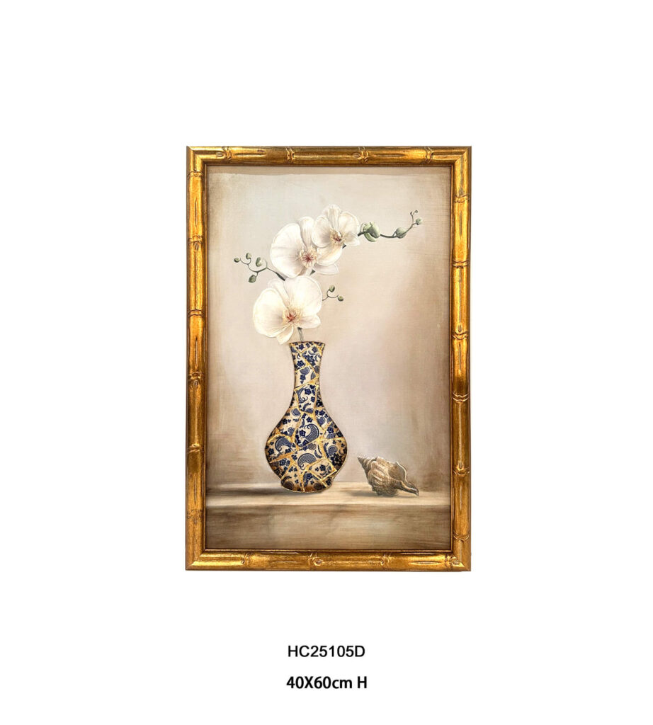 White orchid wall art with a blue and white porcelain shard vase
