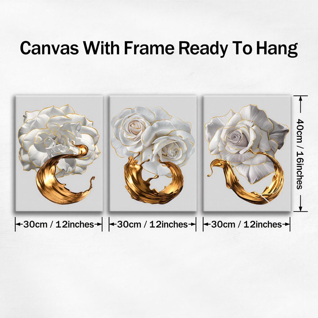 White rose canvas wall art set with three framed 12 by 16 inch panels