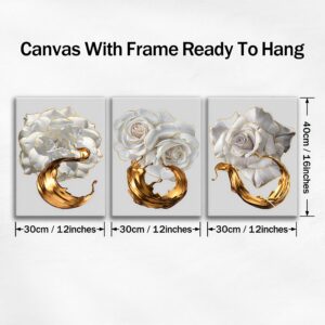 White rose canvas wall art set with three framed 12 by 16 inch panels