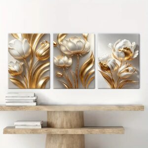 White and gold floral canvas wall art displayed above a wood console