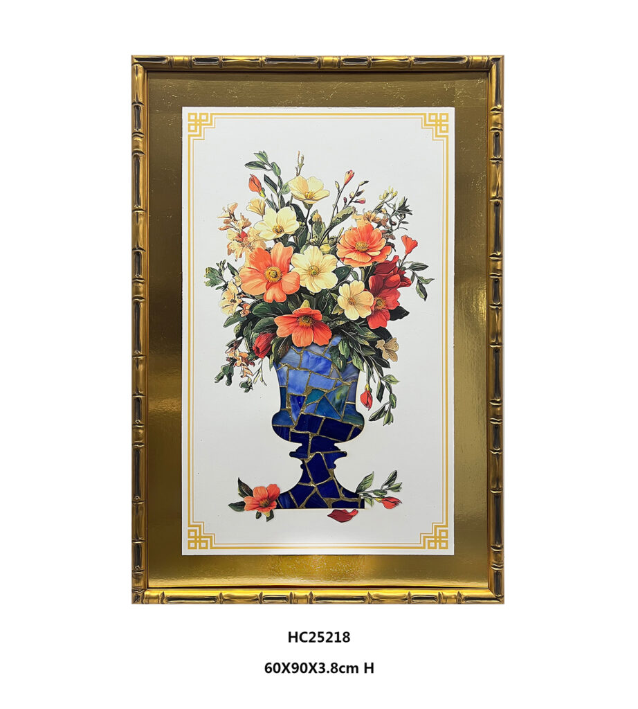 Gold-framed orange wildflower porcelain shard vase wall art