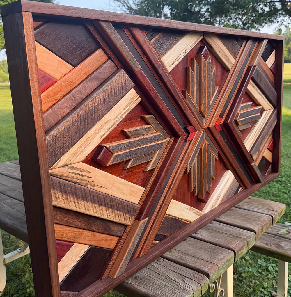 Angled view of wood mosaic wall art